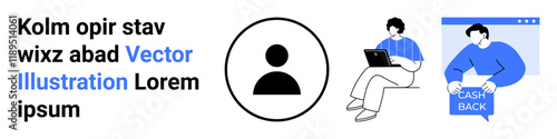 Text snippets, user avatar icon, person with laptop, and cashback screen concept. Ideal for web design, tech blogs, digital marketing, social media, online shopping, user experience, educational