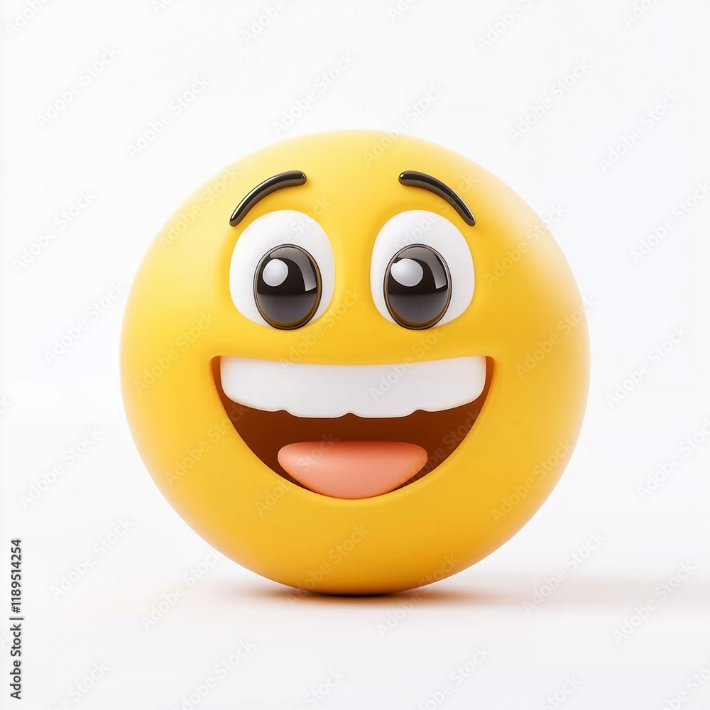 Fototapeta premium Delighted yellow emoji with wide eyes, raised eyebrows, and a big open-mouth smile, expressing joy and excitement, isolated on white