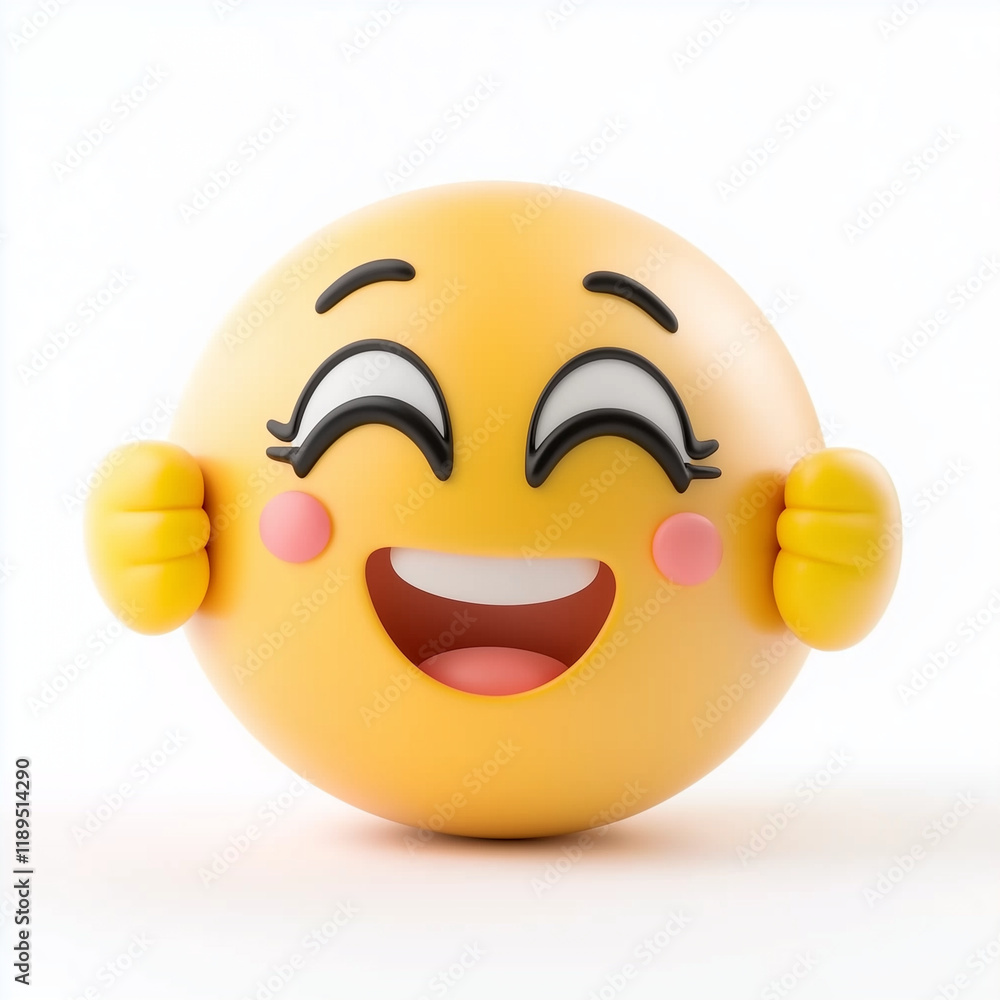 Fototapeta premium Happy yellow emoji with rosy cheeks, closed eyes, and both hands raised in excitement, expressing pure joy, isolated on white