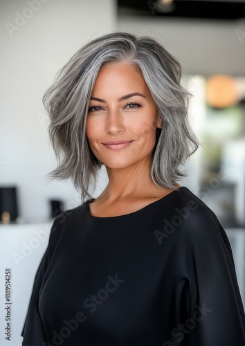 A woman with grey hair smiling at the camera Free Download A woman with grey hair smiling at the camera - GFXLoad