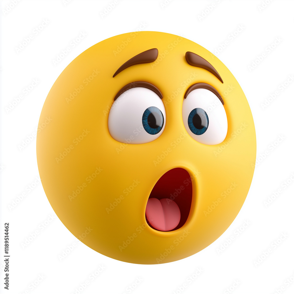 Fototapeta premium Shocked yellow emoji with wide open eyes, raised brows, and an open mouth, expressing astonishment and surprise, isolated on white