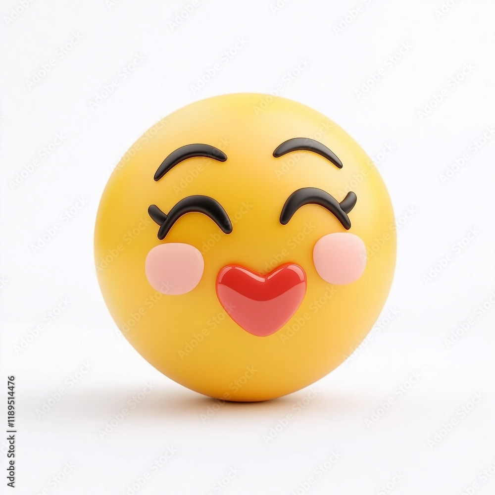 Fototapeta premium Yellow emoji with rosy cheeks, closed eyes, and red lips puckered for a kiss, expressing love and affection, isolated on white