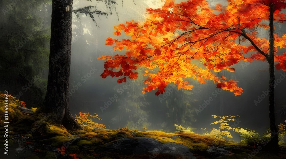 Vibrant autumn leaves on a tree in a misty forest. Vibrant autumn leaves on a tree in a misty forest.