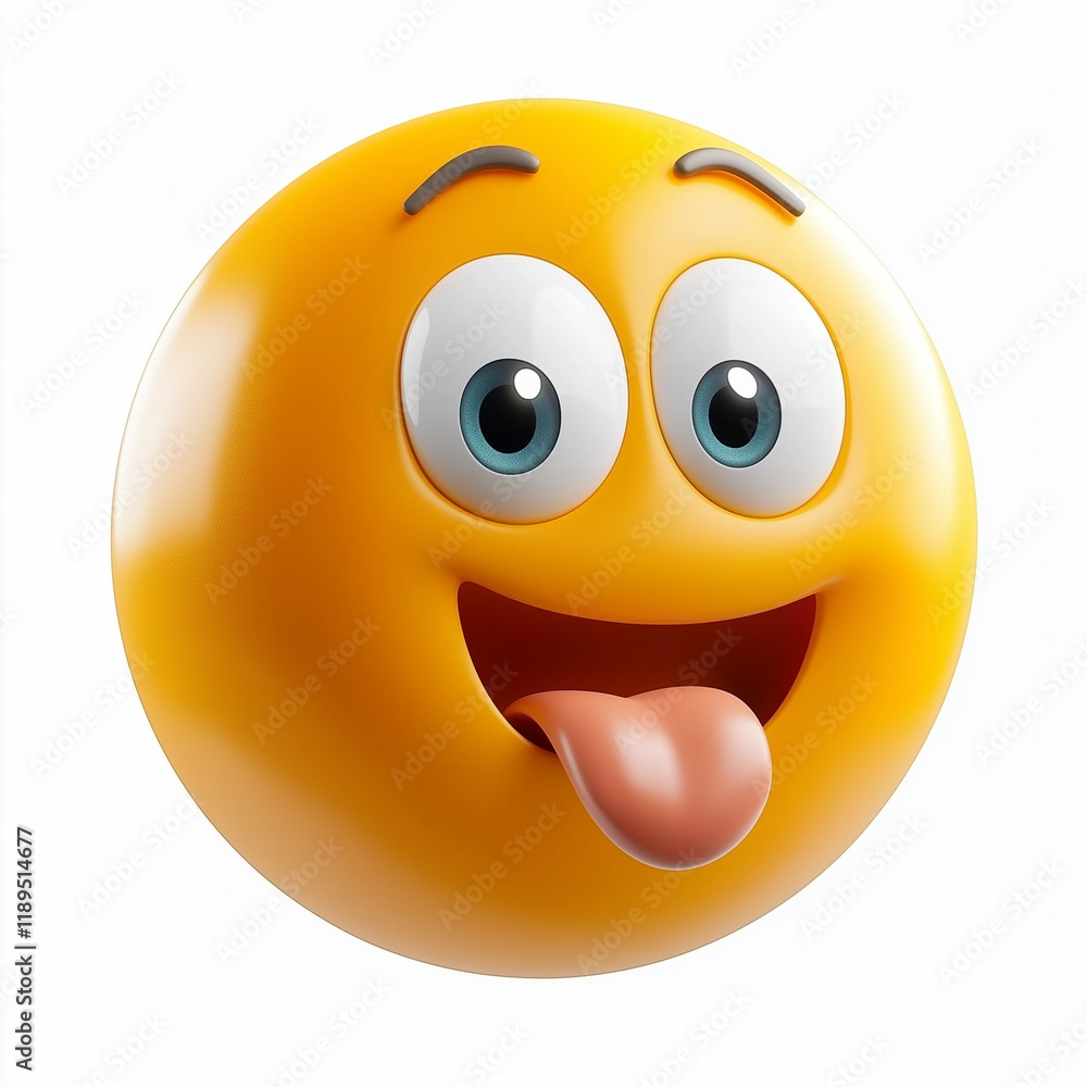 Playful yellow emoji with wide eyes, tongue sticking out, and a cheeky smile, expressing mischief and humor, isolated on white Playful yellow emoji with wide eyes, tongue sticking out, and a cheeky smile, expressing mischief and humor, isolated on white