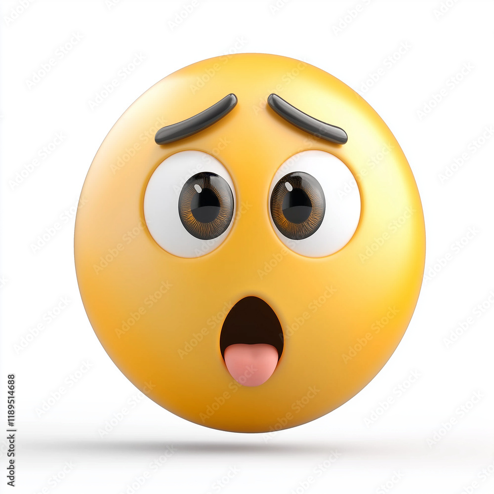 Fototapeta premium Shocked yellow emoji with wide-open eyes, furrowed brows, and tongue sticking out, expressing surprise, confusion, and mild alarm, isolated on white