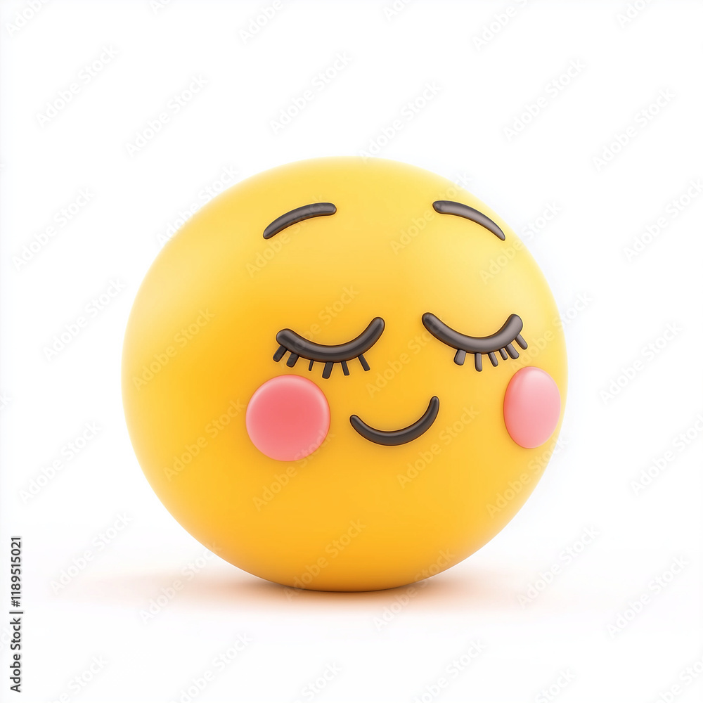Fototapeta premium Yellow emoji with closed eyes, long lashes, and rosy cheeks, depicting a dreamy and content expression, isolated on a white background