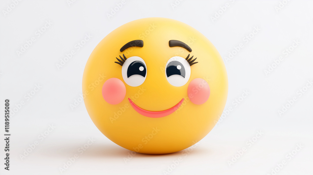 Fototapeta premium Yellow emoji with bright eyes, rosy cheeks, and a sweet smile, expressing joy and friendliness, placed on a white background