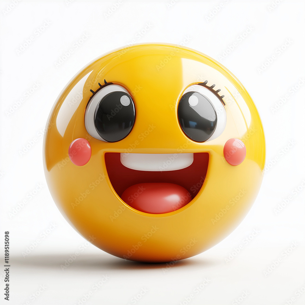 Naklejka premium Yellow emoji with large eyes, rosy cheeks, and a wide smile, showcasing friendliness and joy, placed on a white background