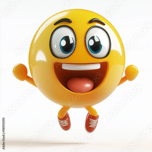 Yellow emoji with large sparkling eyes, wide-open mouth, and tiny feet, expressing excitement and energy, isolated on a white background