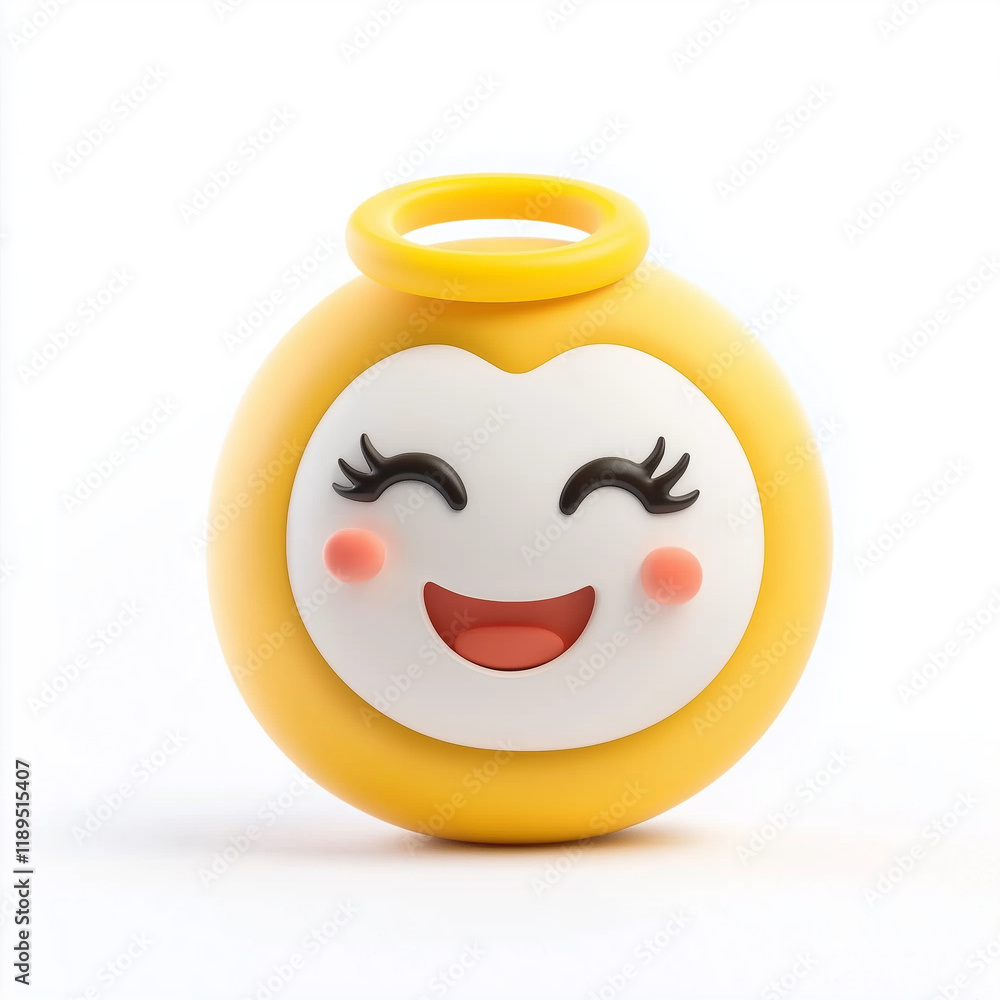 Fototapeta premium Yellow emoji with a white face, a halo, rosy cheeks, and a soft smile, radiating angelic charm and calmness, set against a white backdrop
