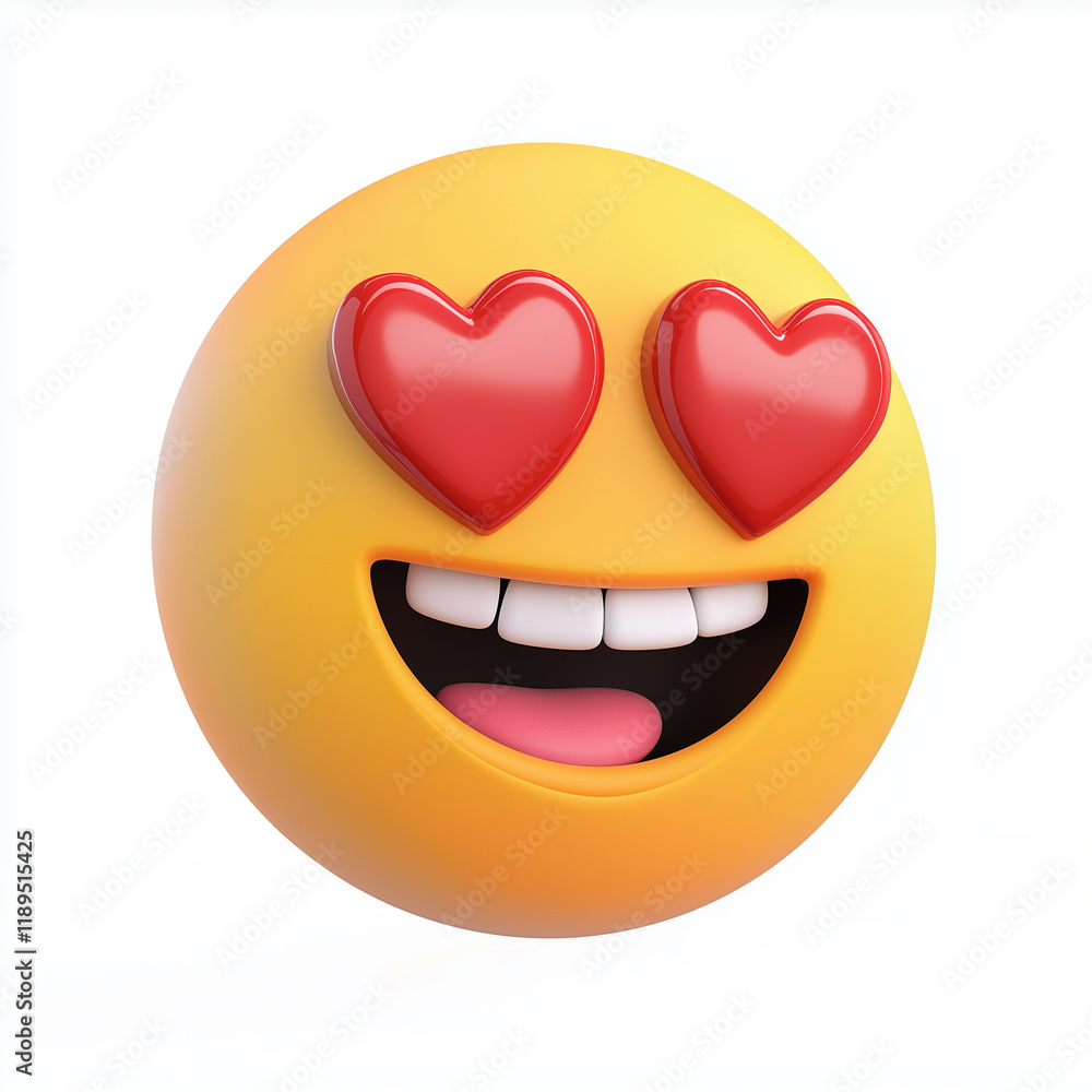 Yellow emoji with heart-shaped eyes, wide-open mouth, and a joyful expression, showcasing love and excitement, isolated on a white backdrop Yellow emoji with heart-shaped eyes, wide-open mouth, and a joyful expression, showcasing love and excitement, isolated on a white backdrop