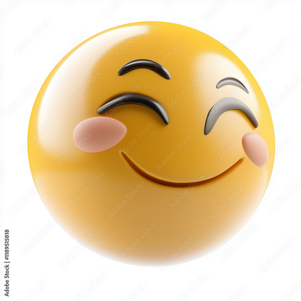 Fototapeta premium Yellow emoji with closed eyes, rosy cheeks, and a soft smile, radiating warmth and happiness, isolated on a white background