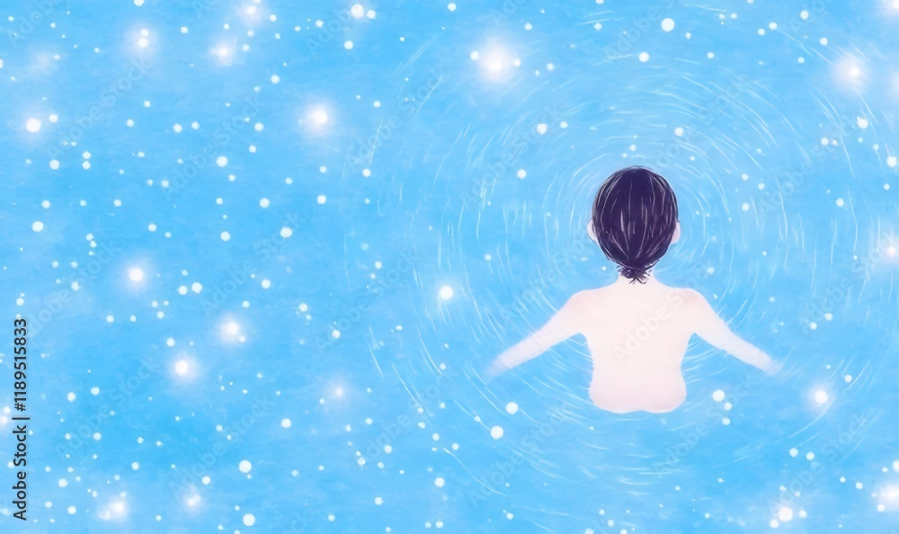 Person floating on water, starry sky reflection. Person floating on water, starry sky reflection.