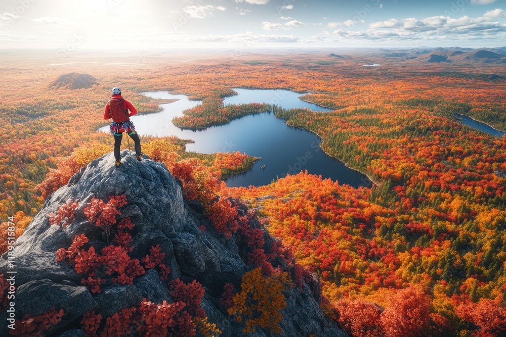 Fototapeta premium Hiker Enjoying Breathtaking Autumn Views from Rocky Mountain Peak