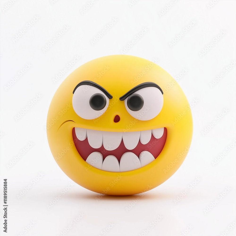 Yellow emoji with sharp teeth, angry eyes, and furrowed brows, radiating anger and intensity, isolated on a clean white background Yellow emoji with sharp teeth, angry eyes, and furrowed brows, radiating anger and intensity, isolated on a clean white background