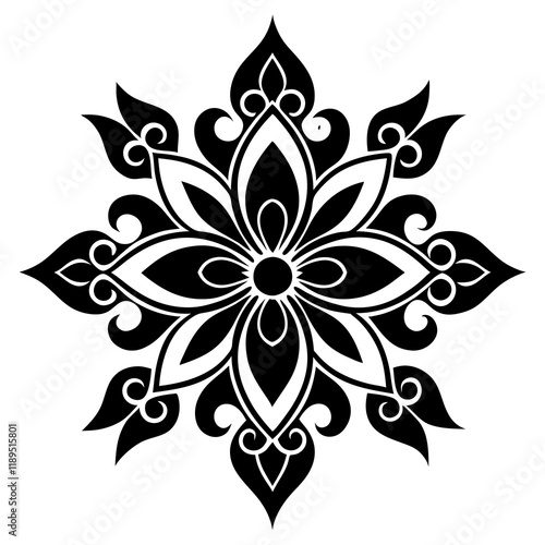 floral design, stylized flower shapes, flowing scrolls, and decorative accents. abstract floral ornament, petal patterns, ideal for use in decorative prints, wallpaper, mandala, digital art, template