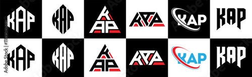 KAP letter logo design in six style. KAP polygon, circle, triangle, hexagon, flat and simple style with black and white color variation letter logo set in one artboard. KAP minimalist and classic logo