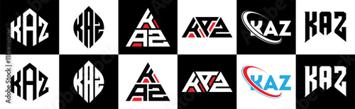 KAZ letter logo design in six style. KAZ polygon, circle, triangle, hexagon, flat and simple style with black and white color variation letter logo set in one artboard. KAZ minimalist and classic logo