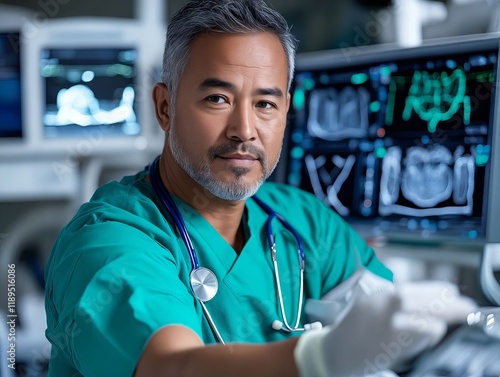 A man in scrubs and a stethoscope sitting in front of an x-ray machine photo