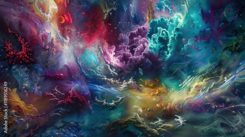 a surrealistic landscape bursting with vibrant colors and fantastical imagery, white space in the center of the page for text, bold and captivating hues against a darkened canvas