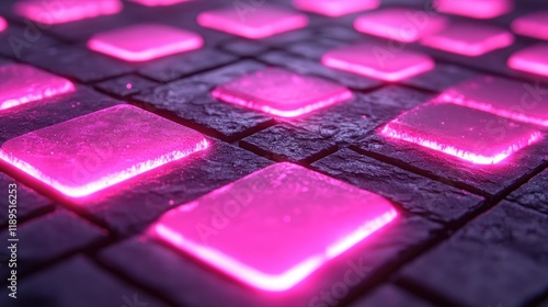 A 3D grid of glowing light bars, forming a digital landscape against a dark background. photo