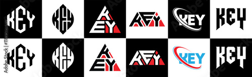 KEY letter logo design in six style. KEY polygon, circle, triangle, hexagon, flat and simple style with black and white color variation letter logo set in one artboard. KEY minimalist and classic logo