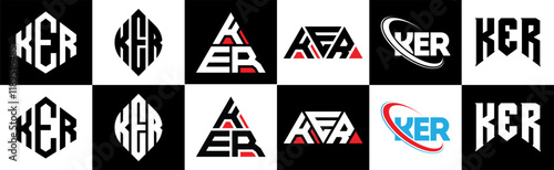 KER letter logo design in six style. KER polygon, circle, triangle, hexagon, flat and simple style with black and white color variation letter logo set in one artboard. KER minimalist and classic logo