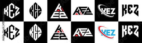 KEZ letter logo design in six style. KEZ polygon, circle, triangle, hexagon, flat and simple style with black and white color variation letter logo set in one artboard. KEZ minimalist and classic logo