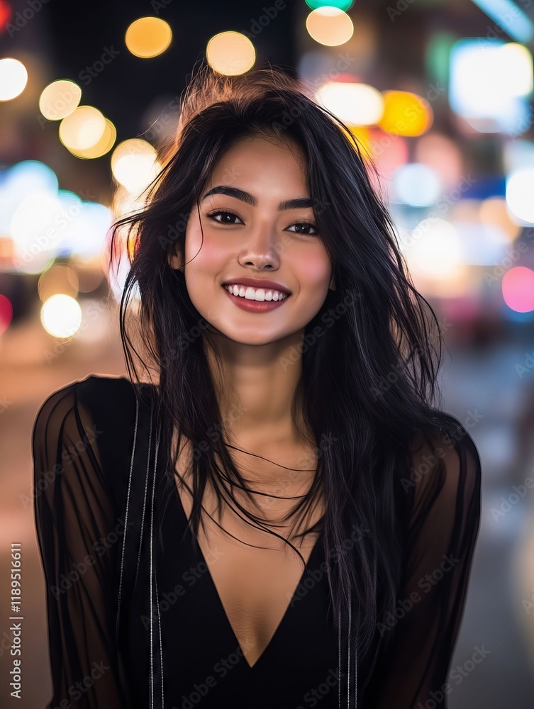 Obraz premium A woman with long black hair standing in front of a city street at night