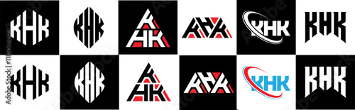 KHK letter logo design in six style. KHK polygon, circle, triangle, hexagon, flat and simple style with black and white color variation letter logo set in one artboard. KHK minimalist and classic logo