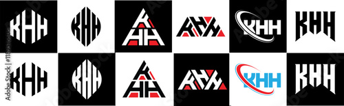 KHH letter logo design in six style. KHH polygon, circle, triangle, hexagon, flat and simple style with black and white color variation letter logo set in one artboard. KHH minimalist and classic logo