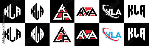 KLA letter logo design in six style. KLA polygon, circle, triangle, hexagon, flat and simple style with black and white color variation letter logo set in one artboard. KLA minimalist and classic logo