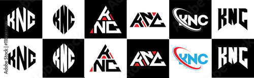 KNC letter logo design in six style. KNC polygon, circle, triangle, hexagon, flat and simple style with black and white color variation letter logo set in one artboard. KNC minimalist and classic logo