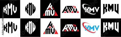 KMV letter logo design in six style. KMV polygon, circle, triangle, hexagon, flat and simple style with black and white color variation letter logo set in one artboard. KMV minimalist and classic logo