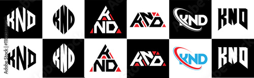 KND letter logo design in six style. KND polygon, circle, triangle, hexagon, flat and simple style with black and white color variation letter logo set in one artboard. KND minimalist and classic logo