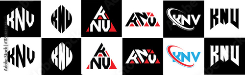 KNV letter logo design in six style. KNV polygon, circle, triangle, hexagon, flat and simple style with black and white color variation letter logo set in one artboard. KNV minimalist and classic logo