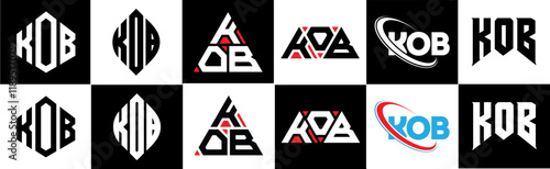 KOB letter logo design in six style. KOB polygon, circle, triangle, hexagon, flat and simple style with black and white color variation letter logo set in one artboard. KOB minimalist and classic logo