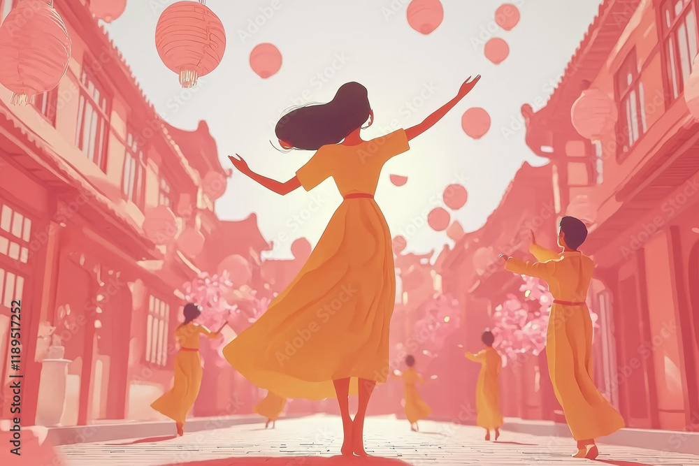 Fototapeta premium Woman in yellow dress joyfully twirls amidst pink lanterns and buildings.