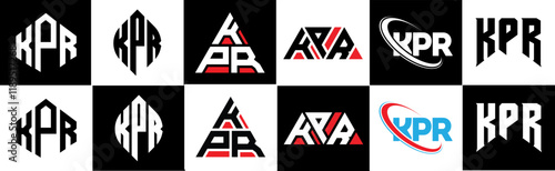 KPR letter logo design in six style. KPR polygon, circle, triangle, hexagon, flat and simple style with black and white color variation letter logo set in one artboard. KPR minimalist and classic logo