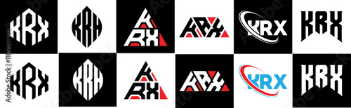 KRX letter logo design in six style. KRX polygon, circle, triangle, hexagon, flat and simple style with black and white color variation letter logo set in one artboard. KRX minimalist and classic logo