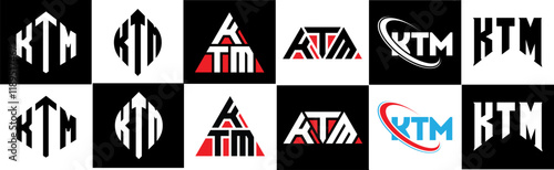 KTM letter logo design in six style. KTM polygon, circle, triangle, hexagon, flat and simple style with black and white color variation letter logo set in one artboard. KTM minimalist and classic logo