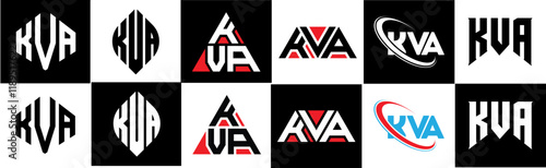 KVA letter logo design in six style. KVA polygon, circle, triangle, hexagon, flat and simple style with black and white color variation letter logo set in one artboard. KVA minimalist and classic logo