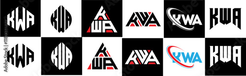 KWA letter logo design in six style. KWA polygon, circle, triangle, hexagon, flat and simple style with black and white color variation letter logo set in one artboard. KWA minimalist and classic logo