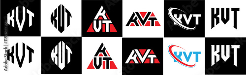 KVT letter logo design in six style. KVT polygon, circle, triangle, hexagon, flat and simple style with black and white color variation letter logo set in one artboard. KVT minimalist and classic logo photo