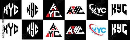 KYC letter logo design in six style. KYC polygon, circle, triangle, hexagon, flat and simple style with black and white color variation letter logo set in one artboard. KYC minimalist and classic logo