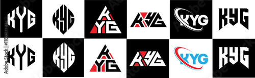 KYG letter logo design in six style. KYG polygon, circle, triangle, hexagon, flat and simple style with black and white color variation letter logo set in one artboard. KYG minimalist and classic logo