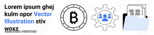 Bitcoin symbol, cogwheel with team members, folder with binary data. Ideal for cryptocurrency, blockchain, team collaboration, data management, digital wallets, online security, fintech. Landing page