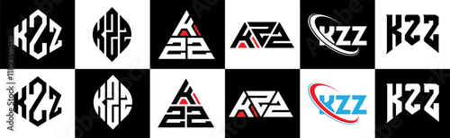 KZZ letter logo design in six style. KZZ polygon, circle, triangle, hexagon, flat and simple style with black and white color variation letter logo set in one artboard. KZZ minimalist and classic logo
