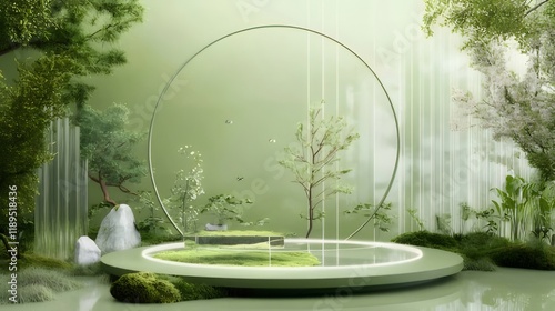 Serene green platform with trees, moss, and circular frame in a lush natural setting. photo