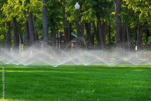 Automatic splinker irrigation system with water sprayer for the lawn. Watering a green lawn in a park or city garden photo